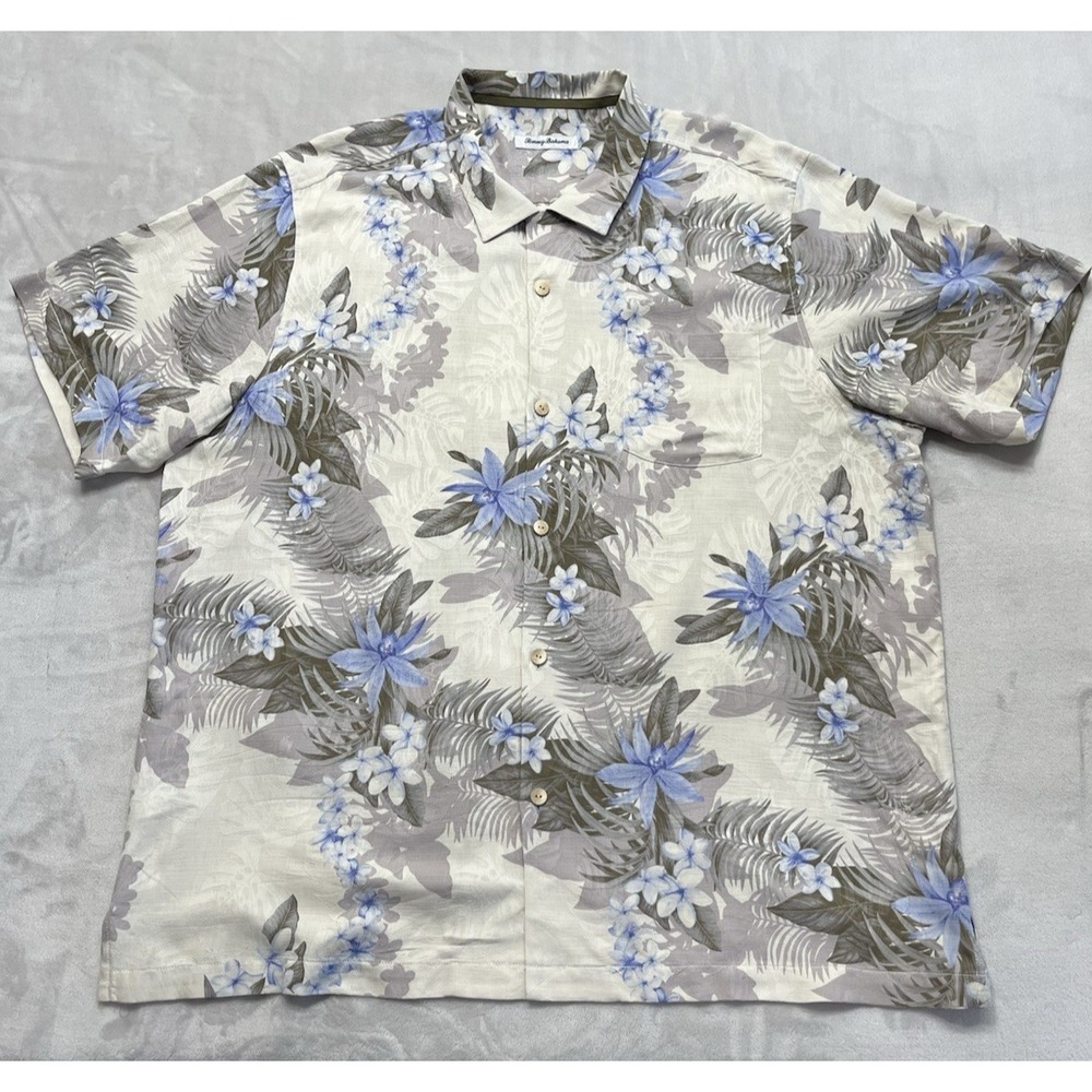 Tommy Bahama Silk Camp Shirt Men 2XL Cream Floral Print Wooden Button Hawaiian